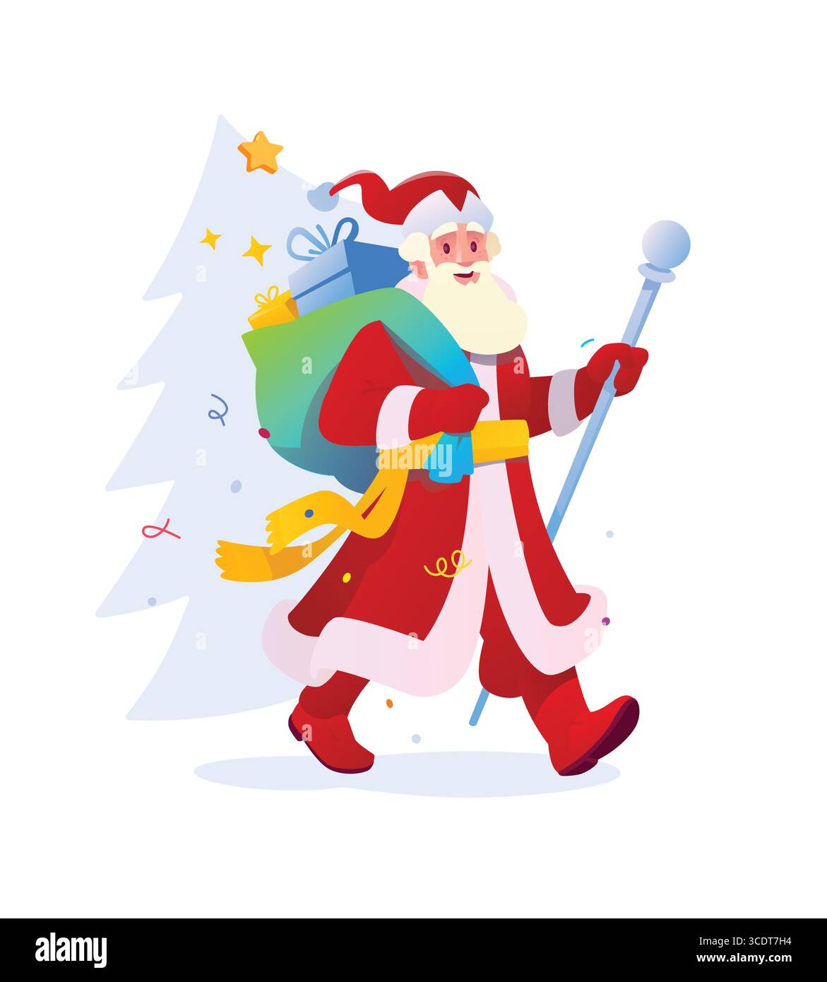 Illustration d'un joyeux Père Noël. Vecteur. Saint Nicolas avec un sac de cadeaux et un bâton. Père Noël russe dans un costume rouge, le caractère de th Illustration de Vecteur
