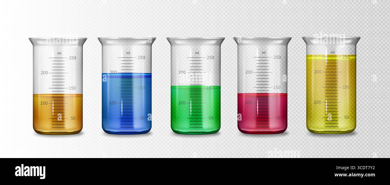 Set de tasse à mesurer avec béchers en verre 3D et liquides colorés pour laboratoire ou cuisine. Récipients transparents remplis avec graduation en millilitres. Collection scientifique de verrerie pour expériences. Illustration de Vecteur