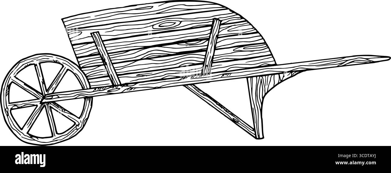 Chariot de jardin en bois. Illustration vectorielle du transport de village. Graphique noir simple, dessiné à la main dans le style doodle. Schéma de la récolte agricole Illustration de Vecteur