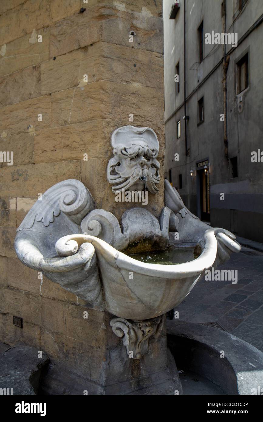 Fontaine Sprone Fontana dello Sprone la fontaine est nichée au coin aigu du sprone où via dello Sprone rencontre Borgo San Jacopo dans le quartier Oltrarno de Florence Wikipedia . Il dispose d'un masque barbu grotesque un mascherone à partir duquel l'eau coule dans un bassin de marbre en forme de coquille, en cascade vers le bas dans un délicat effet de cascade Wikipedia . Au-dessus du mascherone se trouve un blason Médicis important, marquant l influence et le patronage de la famille Wikipedia GuardaFirenze . Attribution historique traditionnellement, la fontaine a été attribuée à Bernardo Buontalenti autour Banque D'Images