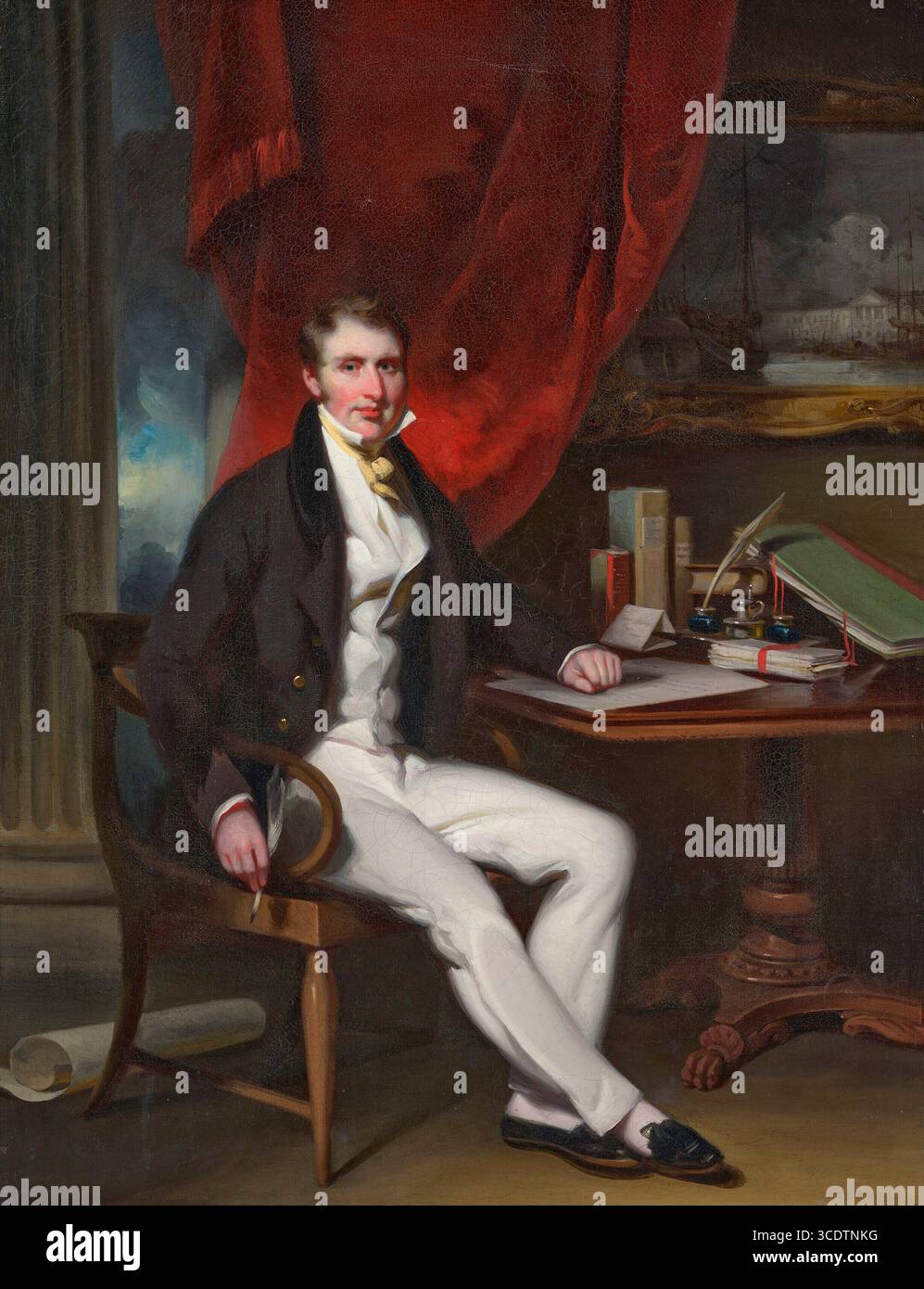 Royaume-Uni / Chine : William Jardine (24 février 1784 - 27 février 1843), médecin et marchand écossais. Il a cofondé le conglomérat de Hong Kong Jardine, Matheson and Company en 1832. Huile sur toile de George Chinnery (1774-1852), v. 1840. Jardine, l'un des cinq enfants, est né en 1784 dans une petite ferme près de Lochmaben, Dumfriesshire, Écosse. Son père, Andrew Jardine, est décédé à l'âge de neuf ans, menant la famille dans des difficultés économiques. Bien qu'il ait du mal à joindre les deux bouts, David, le frère aîné de Jardine, lui a fourni de l'argent pour aller à l'école. Banque D'Images