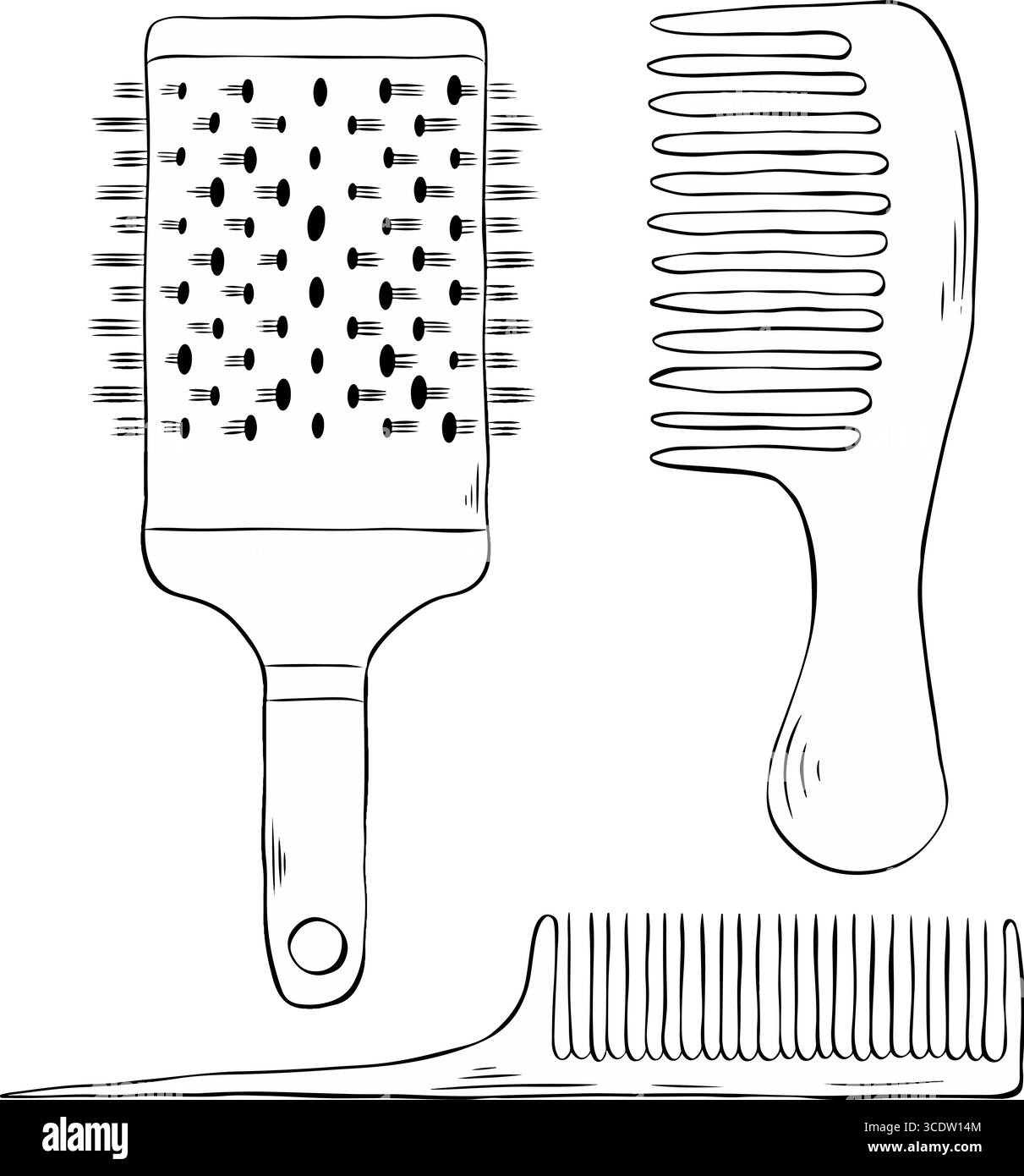 Jeu de peignes. Silhouettes noires de différents peignes sur un fond blanc. Ensemble d'articles isolés pour coiffeur. Illustration vectorielle d'encre de ligne graphique. Desig Illustration de Vecteur