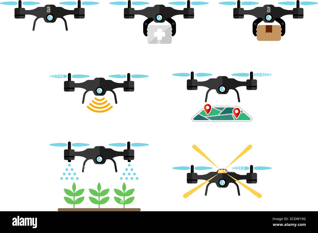 Drone, ensemble d'illustration d'icône vectorielle quadcopter Illustration de Vecteur