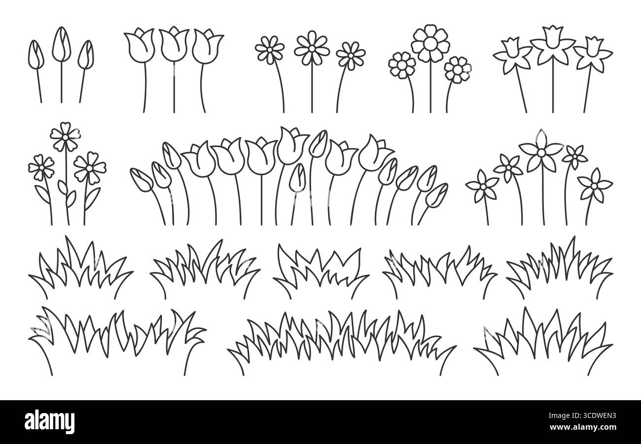 Floraison printanière fleurs séparées et contour d'herbe vue avant. Camomille de jonquille en Marguerite tulipe, bourgeons avec des tiges, illustration colorée minimale linéaire de dessin animé. Palette douce, mélange végétal décoratif Illustration de Vecteur