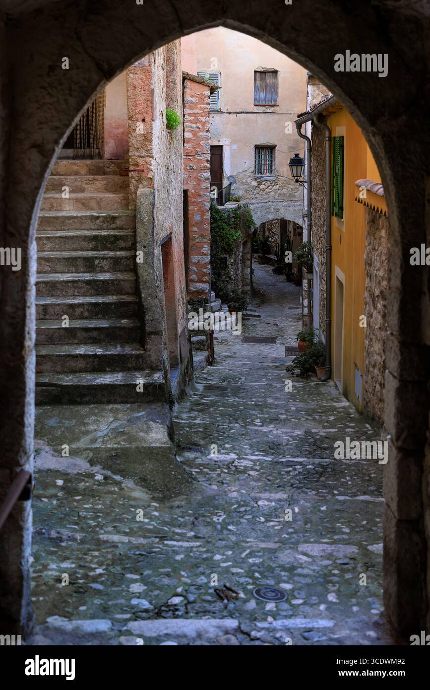Pittoresque ruelle étroite à Gorbio, un village médiéval dans les Alpes Maritimes de France, avec des murs de pierre, des volets colorés et une végétation luxuriante. Banque D'Images