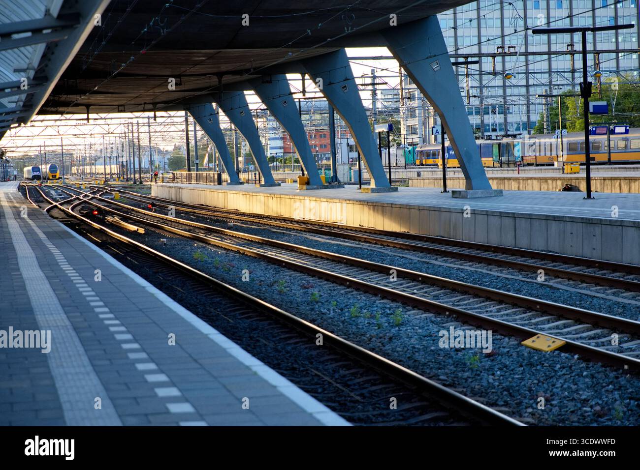 Voies ferrées et quai sous la canopée d'une gare aux pays-Bas, convergeant les lignes vers des trains de banlieue éloignés, une scène de transport urbain propre. Banque D'Images