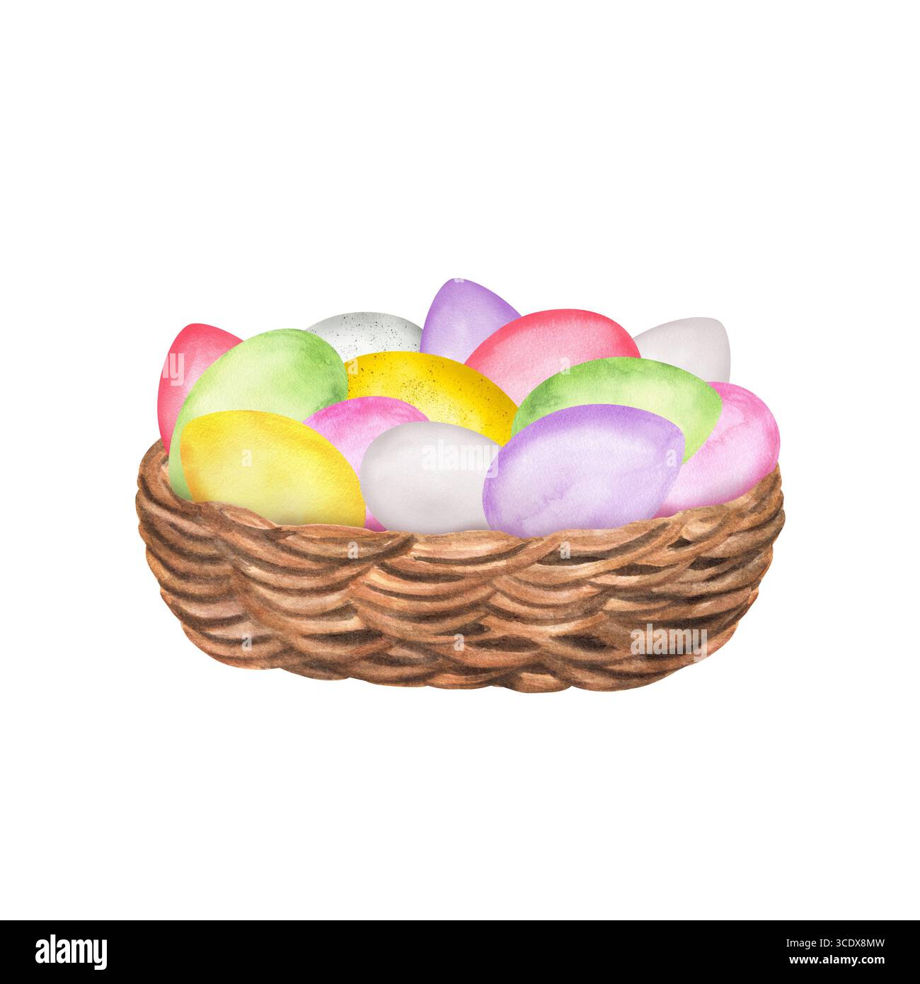 Jaune, violet, vert, rose et blanc aquarelle oeufs de Pâques dans un panier en osier. Joyeux clipart alimentaire de Pâques. Décoration colorée. Illustrati dessiné à la main Banque D'Images