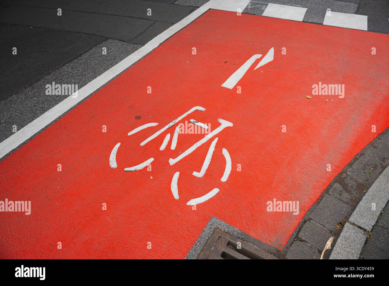Piste cyclable rouge avec symbole de vélo blanc et flèche directionnelle Banque D'Images