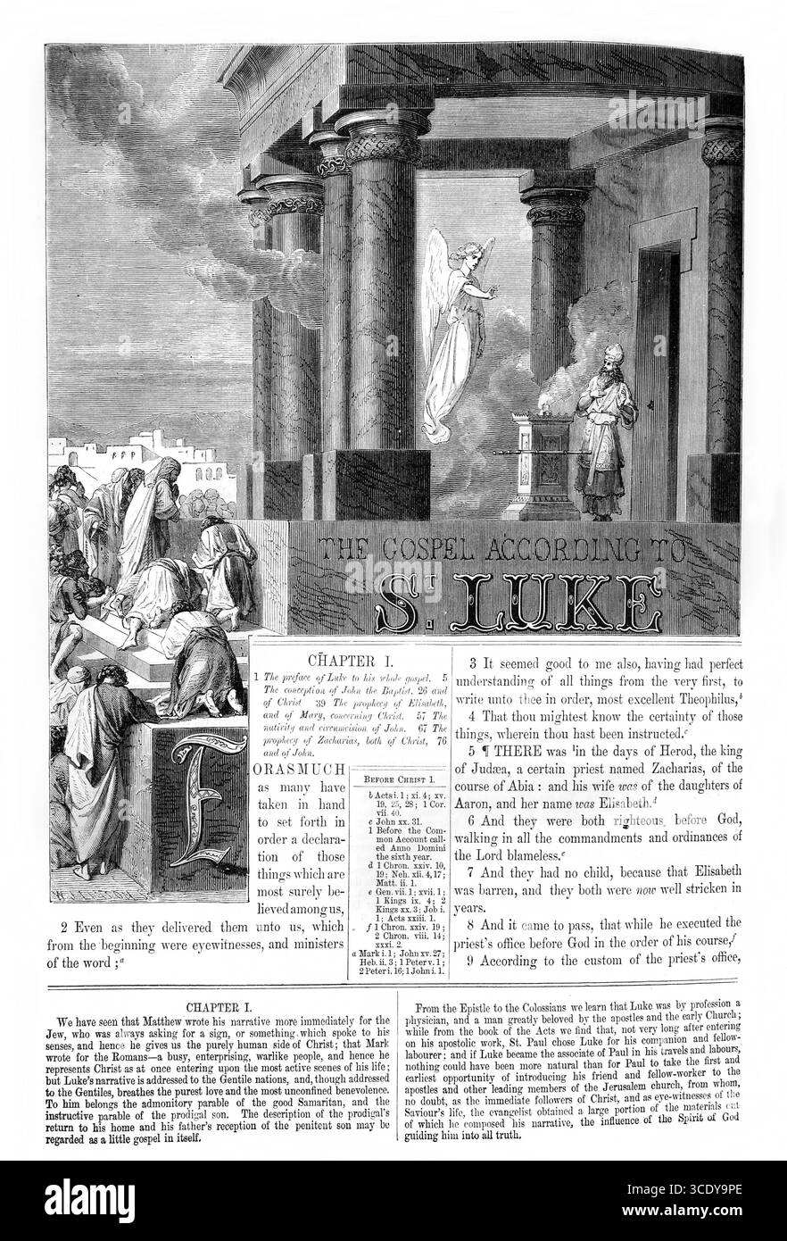 Page de titre de l'Évangile de Saint Luc représentant l'ange Gabriel apparaissant à Zacharie alors qu'il est à l'autel de l'encens dans le Temple de Jérusalem Banque D'Images