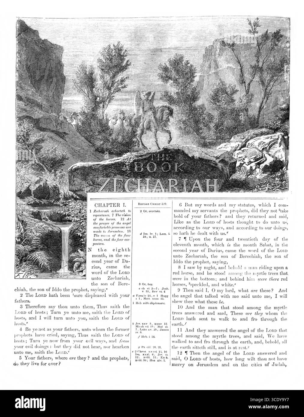 Page de titre du Livre de Zacharie dépeignant le rêve de Zacharie d'un Ange du Seigneur monté sur un cheval Rouge et le cavalier s'était arrêté parmi la myrte Banque D'Images