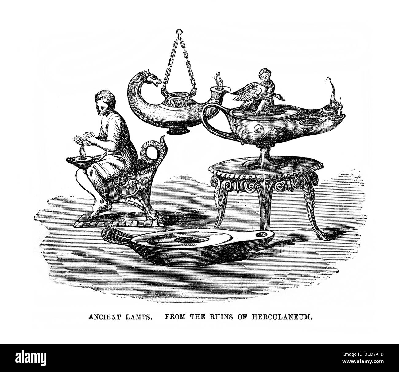 Illustration des lampes anciennes des ruines d'Herculanum de l'Antiquité 19ème siècle la Sainte Bible contenant l'ancien et le Nouveau Testament avec Explan Banque D'Images