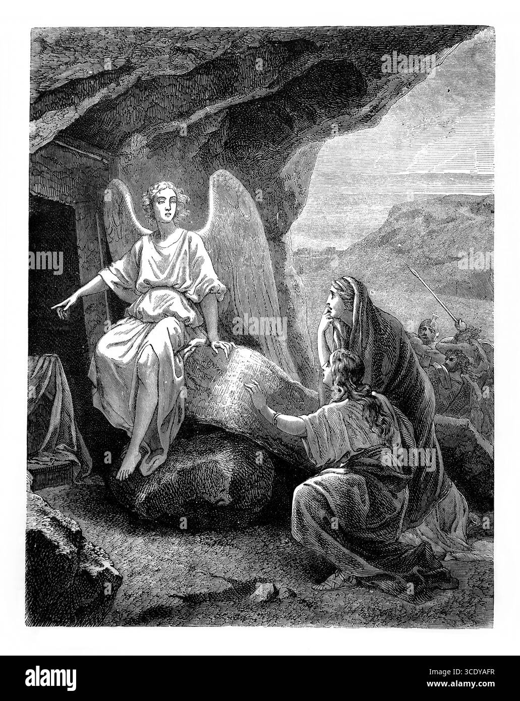 Illustration du Tombeau vide et de l'Ange racontant aux Marys que Jésus-Christ est ressuscité (Évangile de Matthieu) de l'ancien 19ème siècle le Saint B Banque D'Images
