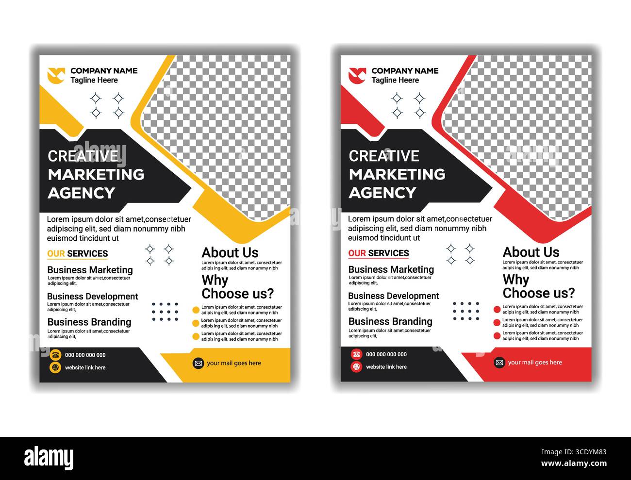 Modèle de flyer d'agence de marketing créatif moderne en conception vectorielle jaune et rouge Illustration de Vecteur
