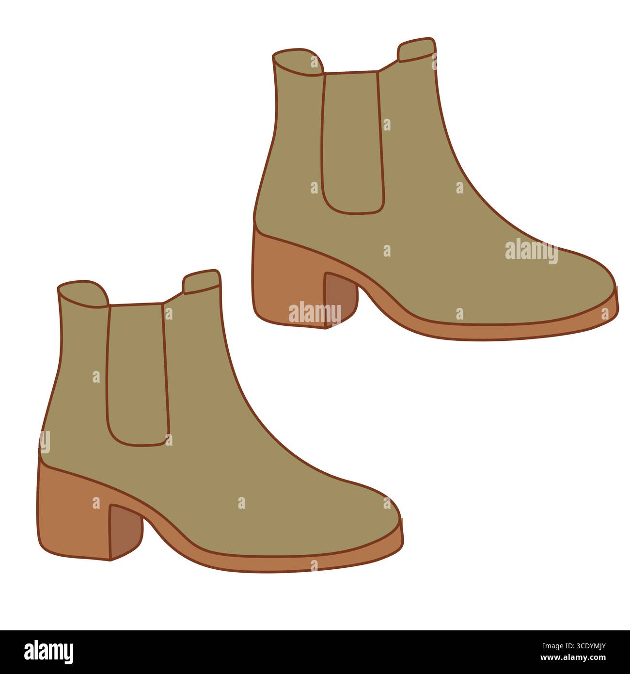 Une paire de bottines élégantes dans une couleur verte douce avec un gros talon. Les bottes présentent un design simple avec des panneaux latéraux élastiques. Illustration de Vecteur