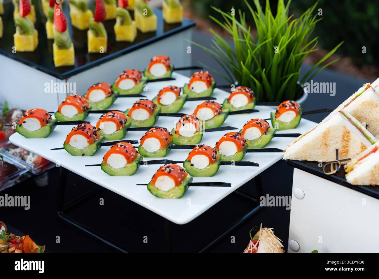 Une présentation de sushis magnifiquement arrangée avec des rouleaux vibrants sur un plat blanc élégant. idéal pour les mariages, les réunions d'entreprise ou les fêtes haut de gamme Banque D'Images