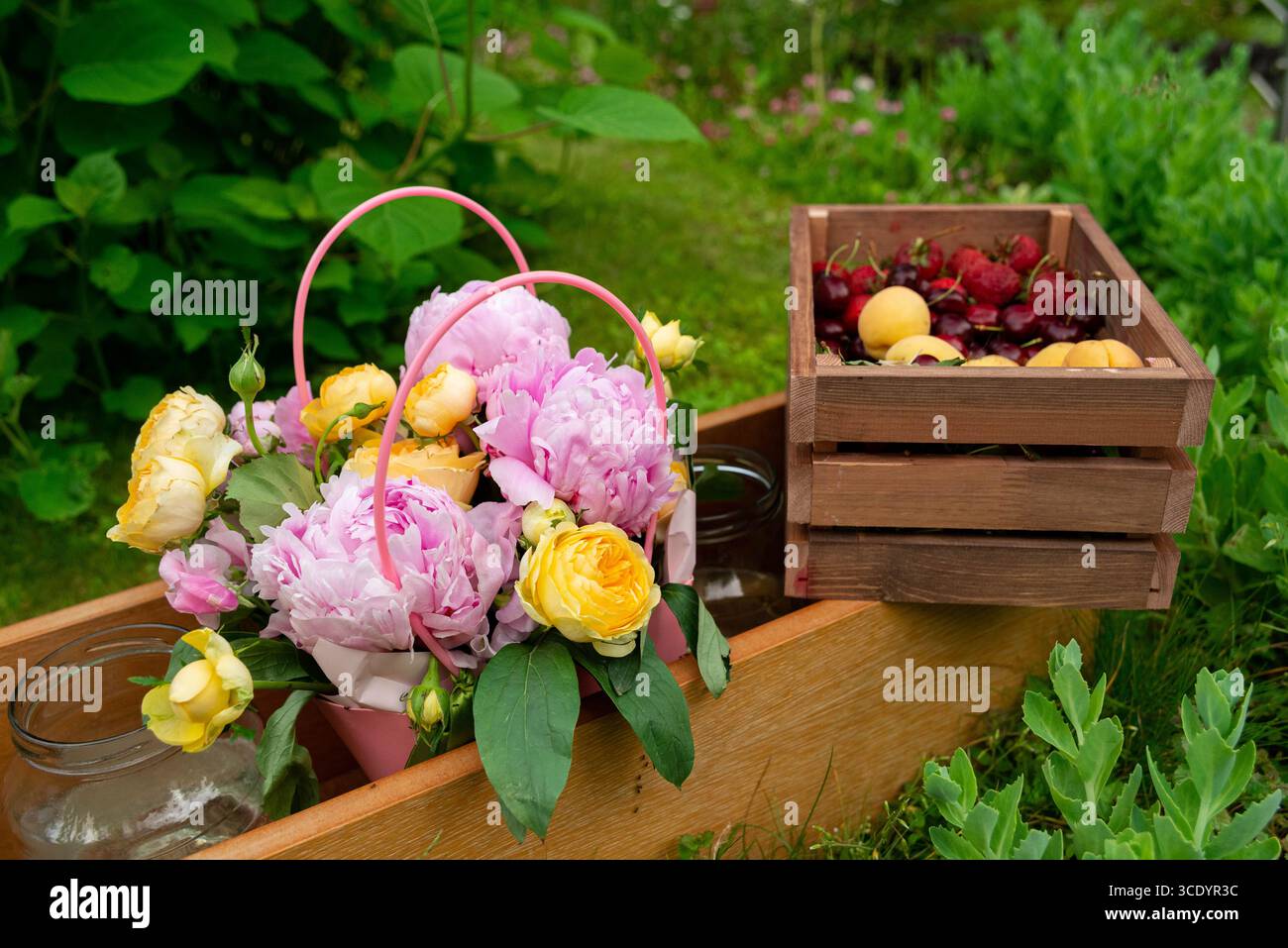 Une charmante scène de jardin d'été avec un panier de pivoines roses et de roses jaunes à côté d'une caisse en bois remplie de cerises fraîches et d'abricots. i Banque D'Images