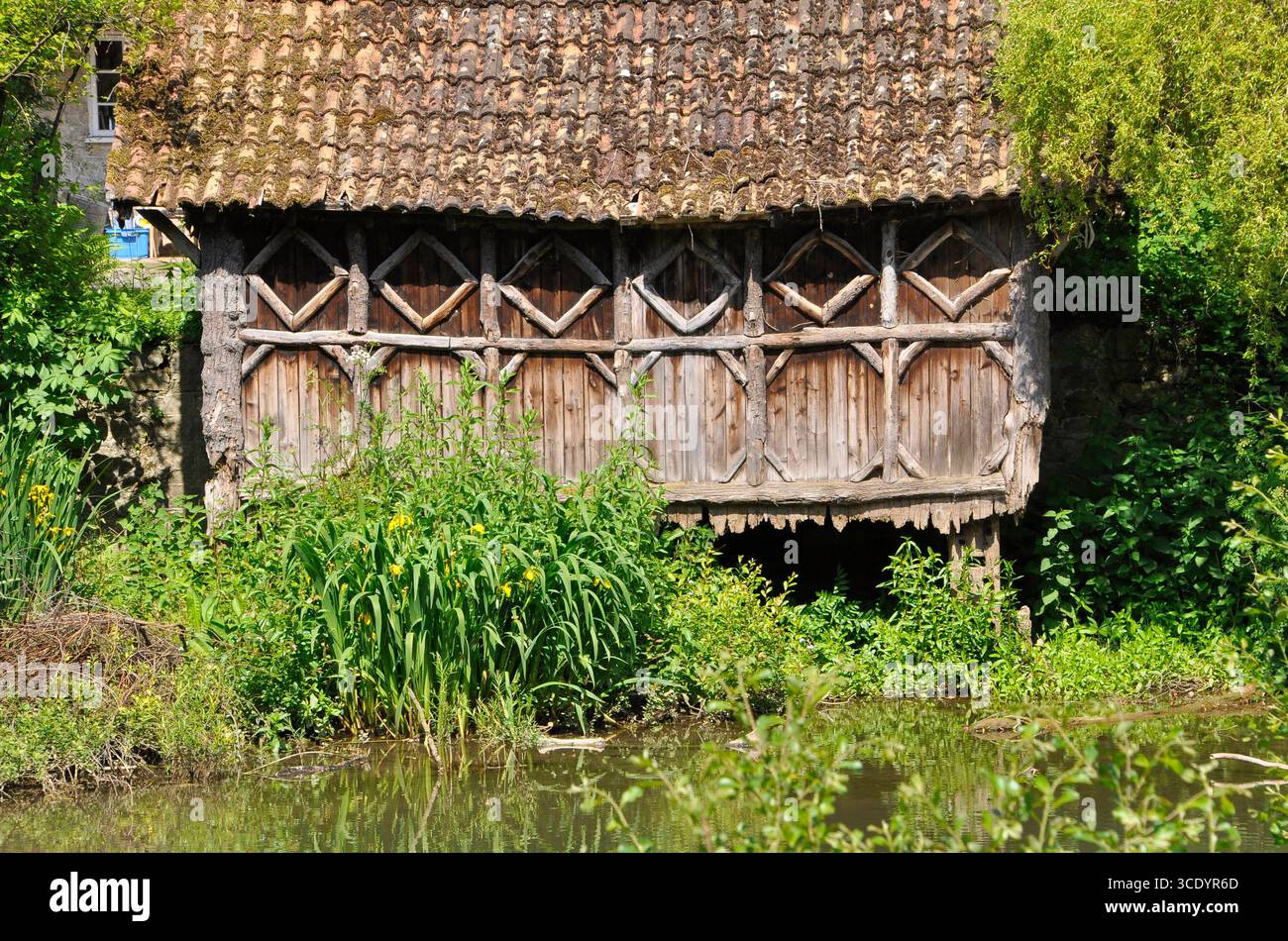 Ancien hangar à bateaux en bois sur la rive envahie du ruisseau Mells à Great Elm dans Somerset.UK Banque D'Images