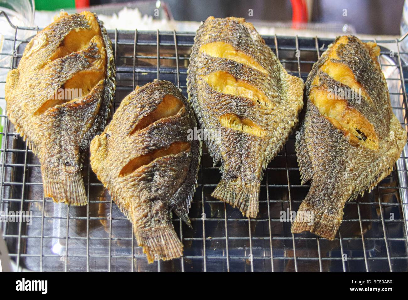 Quatre poissons gouramis frits à la peau de serpent exposés sur un marché thaïlandais de Street food, représentant une cuisine asiatique authentique et des saveurs traditionnelles du marché nocturne. Banque D'Images