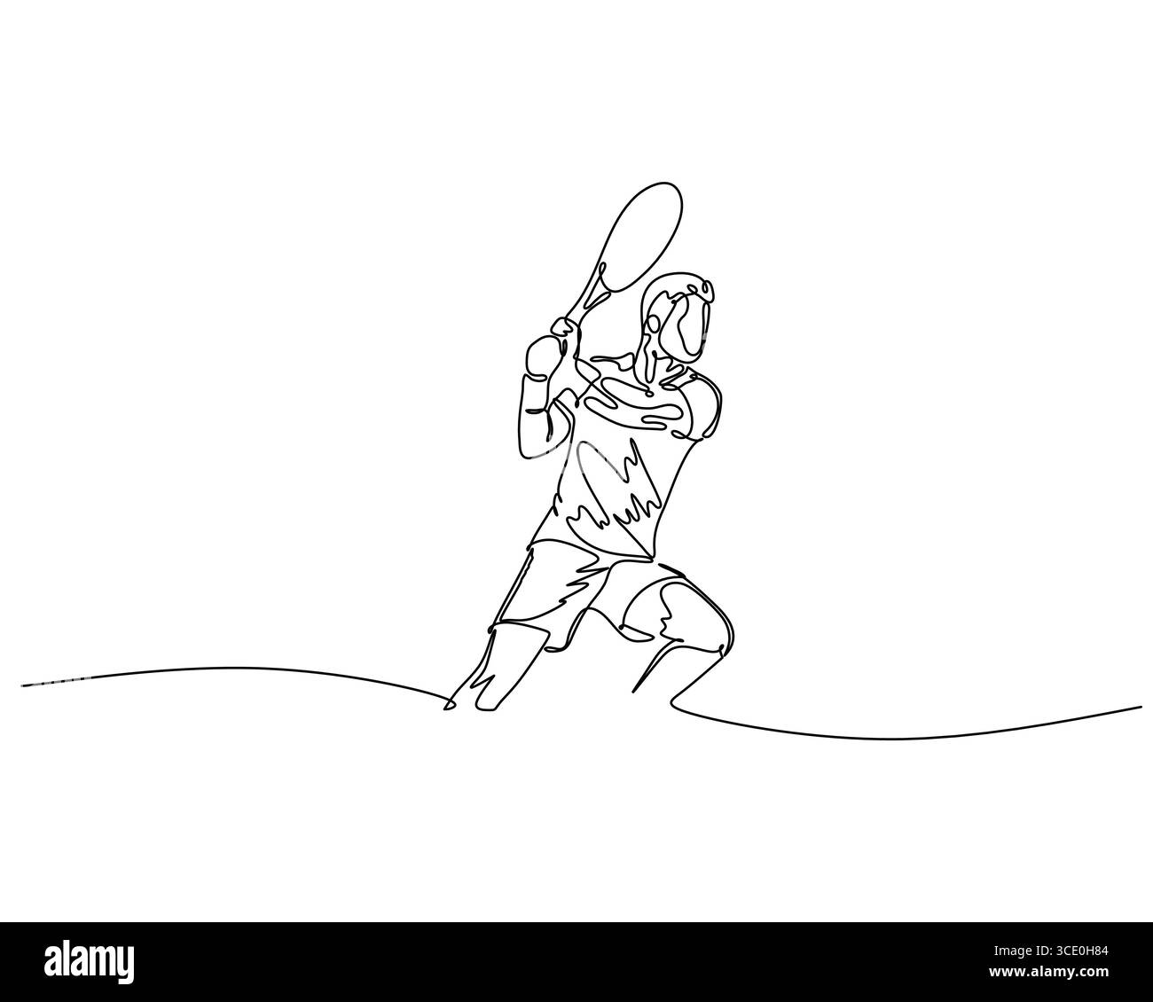Art en ligne continue d'un joueur de tennis en action, saisissant raquette avec les deux mains. Le style minimaliste capture le mouvement, la mise au point et l'athlétisme Illustration de Vecteur