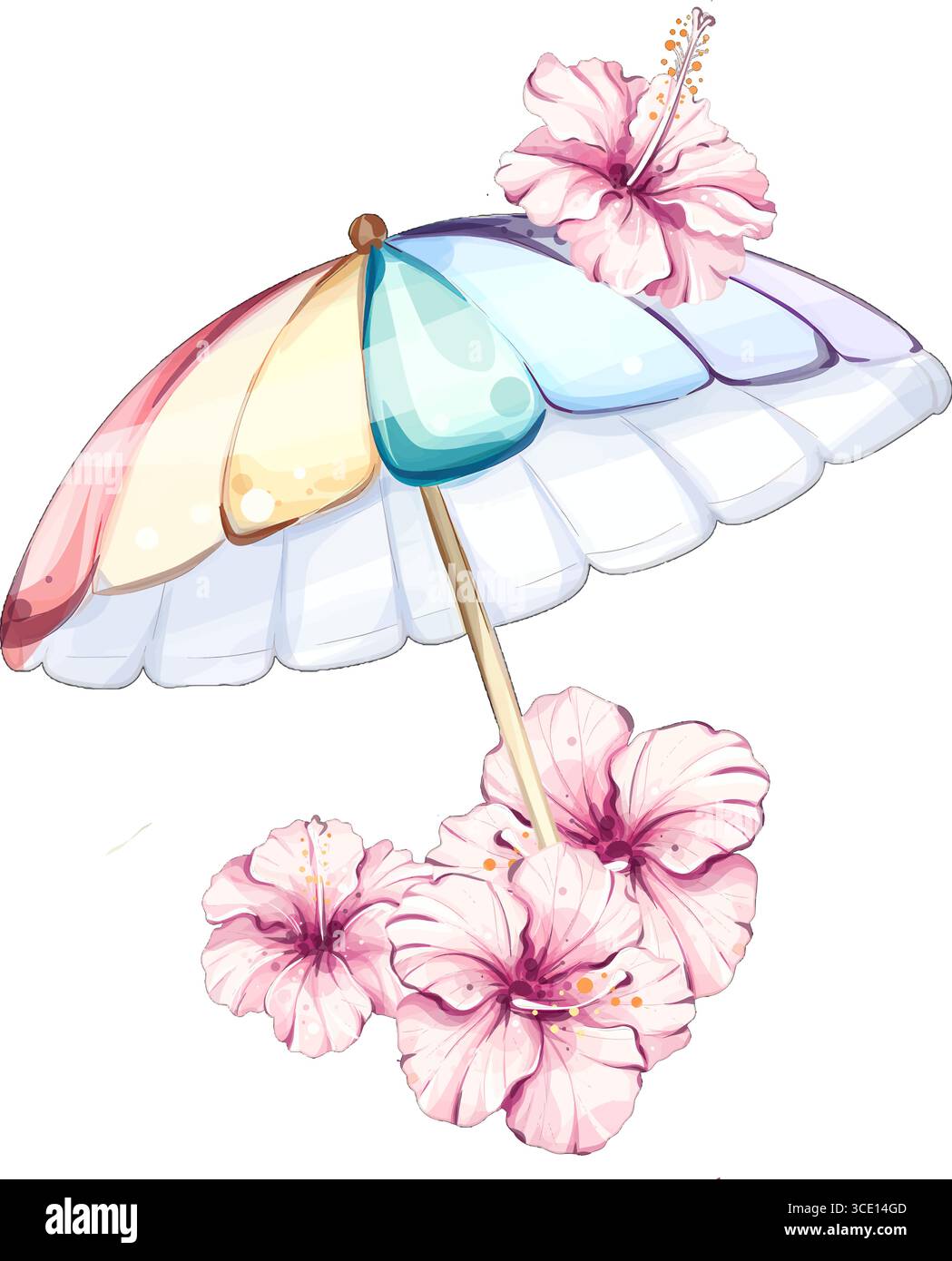 Parasol d'été vibrant orné de belles fleurs d'hibiscus célébrant la joie des vacances d'été et des loisirs au bord de la mer Illustration de Vecteur