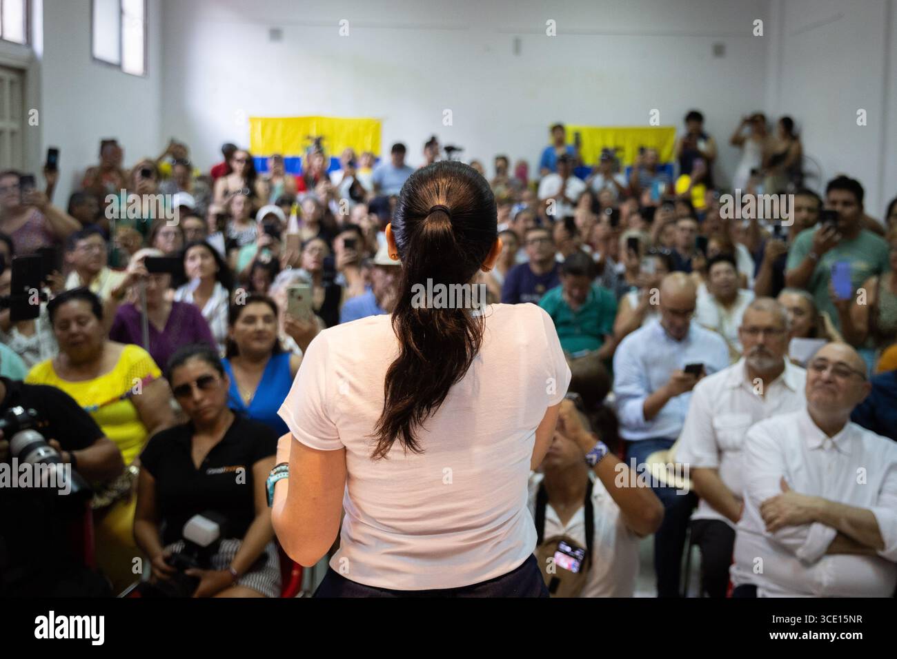 Madrid, Madrid, Espagne. 14 août 2025. Luisa Gonzalez Alcivar, ancienne candidate à la présidence de l'Équateur pour le parti Révolution citoyenne, est apparue à Madrid pour dénoncer ce que son groupe politique considère comme une fraude électorale aux mains de l'actuel gouvernement équatorien. Ses partisans en Espagne sont venus rencontrer le principal chef de l'opposition au régime Novoa. (Crédit image : © Ignacio Lopez Isasmendi/ZUMA Press Wire) USAGE ÉDITORIAL SEULEMENT ! Non destiné à UN USAGE commercial ! Banque D'Images