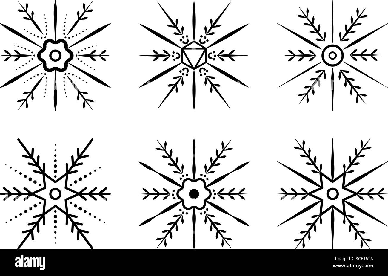 Ensemble flocon de neige monochrome noir, signes vectoriels dans différentes variations, collection d'hiver Illustration de Vecteur