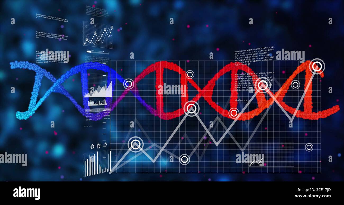L'hélice d'ADN change les couleurs dans la visualisation des données avec grille, superpositions de données et points de particules Banque D'Images