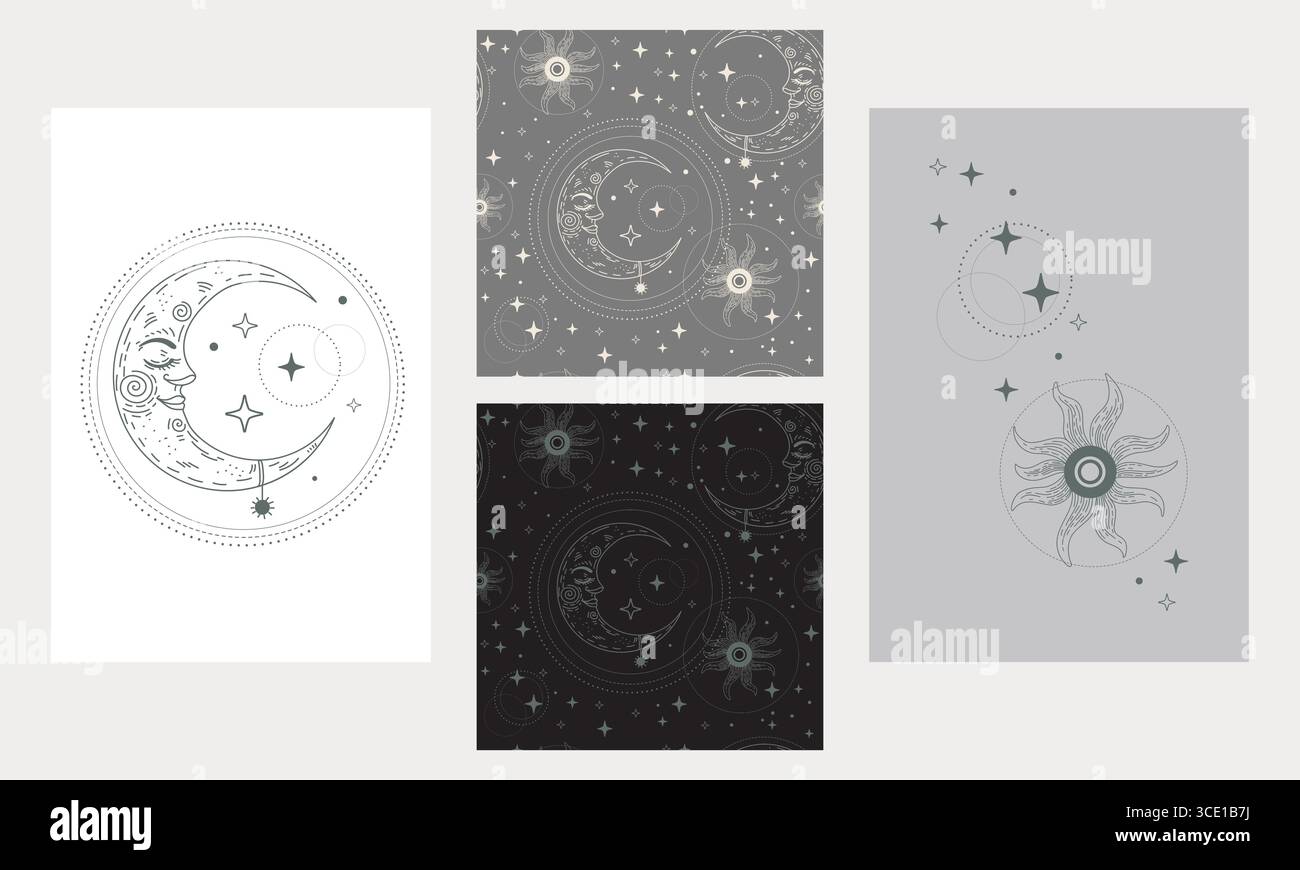 Arrière-plans de la carte Tarot, verso. Ensemble de motifs célestes mystiques. Affiches, paquet de modèle sans couture. Symboles ésotériques magiques, constellations et étoiles Illustration de Vecteur