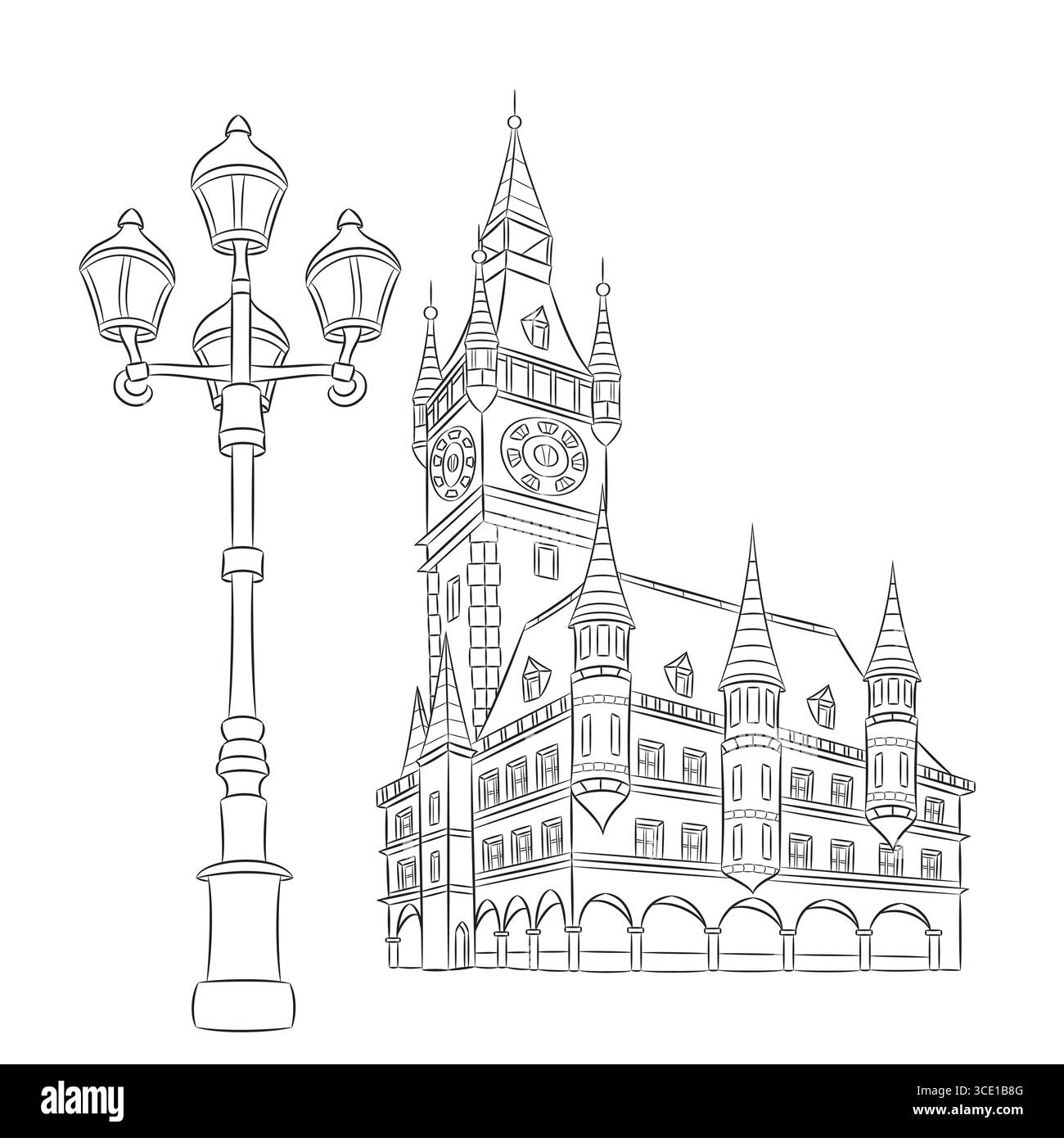 Dessin vectoriel vieil hôtel de ville à Prague isolé sur fond blanc Illustration de Vecteur