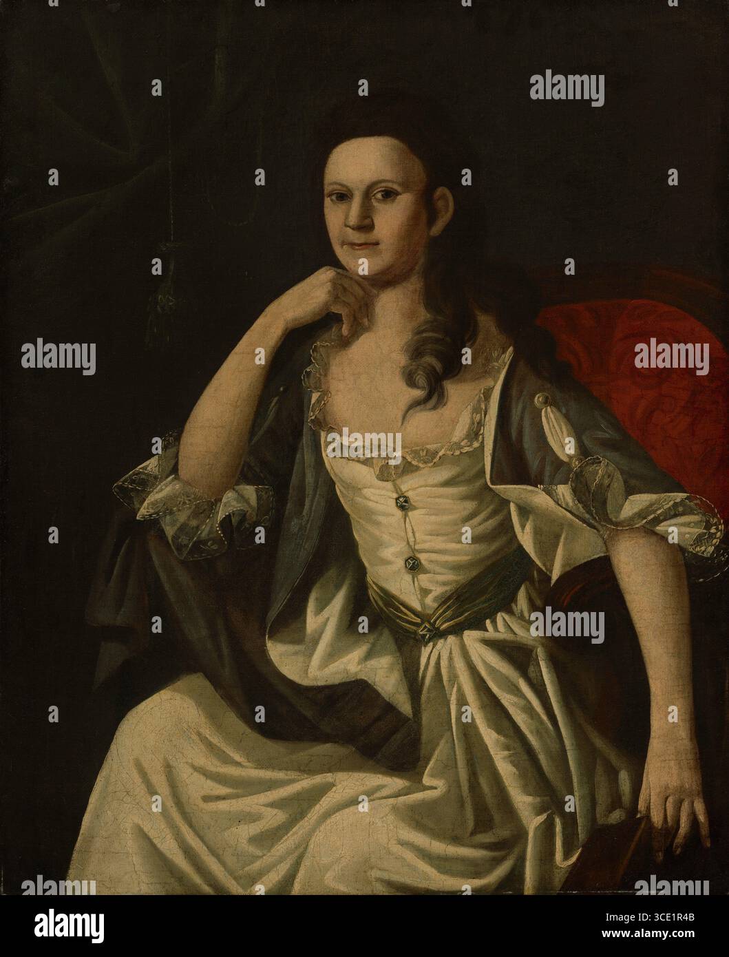 Portrait de Jane Cutler Doane, vers 1783, par un artiste américain non identifié. Huile sur toile représentant une femme élégamment habillée assise dans une chaise rembourrée de rouge. Banque D'Images