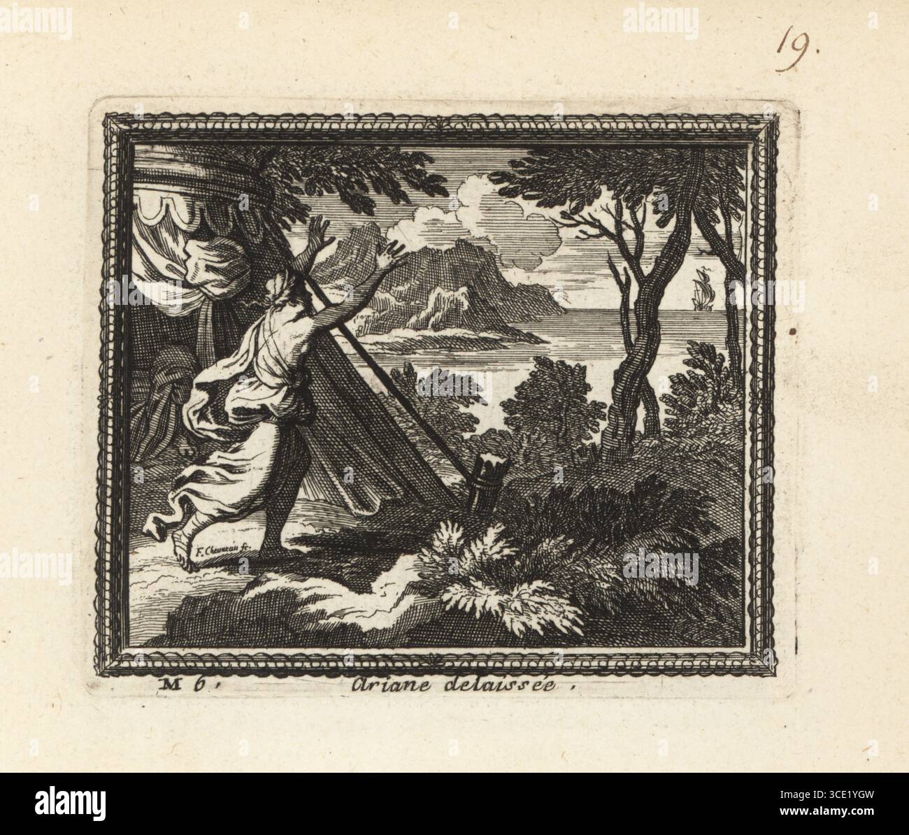 Ariane abandonnée sur l'île de Dia (Naxos). Ariane, fille du roi Minos, a été enlevée par le prince athénien Thésée après qu'il a tué le Minotaure. La princesse de Crète est représentée devant une tente militaire appelant après un navire à l'horizon. Ariane Delaissee. Gravure sur cuivre par François Chauveau de Metamorphoses d’Ovide en Rondeaux, Métamorphoses d’Ovide, chez Audran, Paris, 1676. Banque D'Images