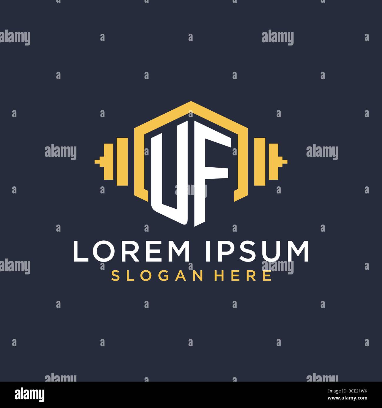 Conception initiale de logo UF pour centre de fitness avec graphique vectoriel de style géométrique haltère créatif Illustration de Vecteur