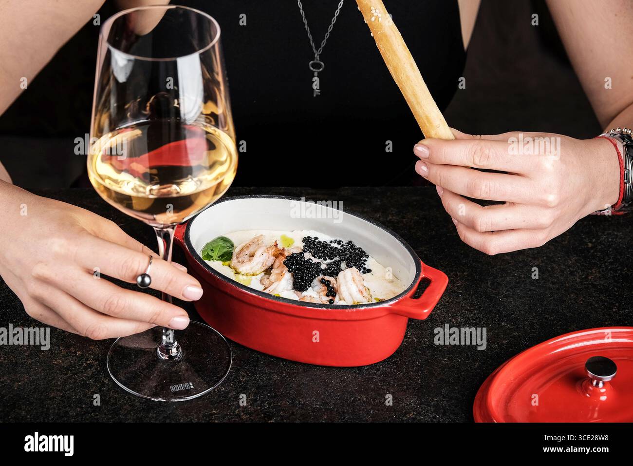 Laissez-vous tenter par un dîner élégant composé de vins délicieux et de plats gastronomiques Banque D'Images