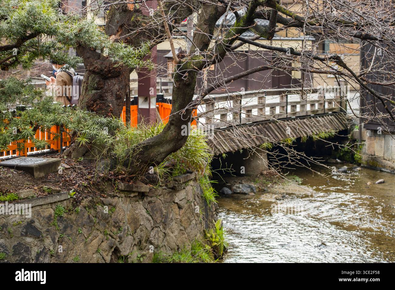 La rivière Shirakawa coule sous la Gion Gion, Pont Shin Shirakawa, Motoyoshicho, Higashiyama-ku, Kyoto, Japan Banque D'Images