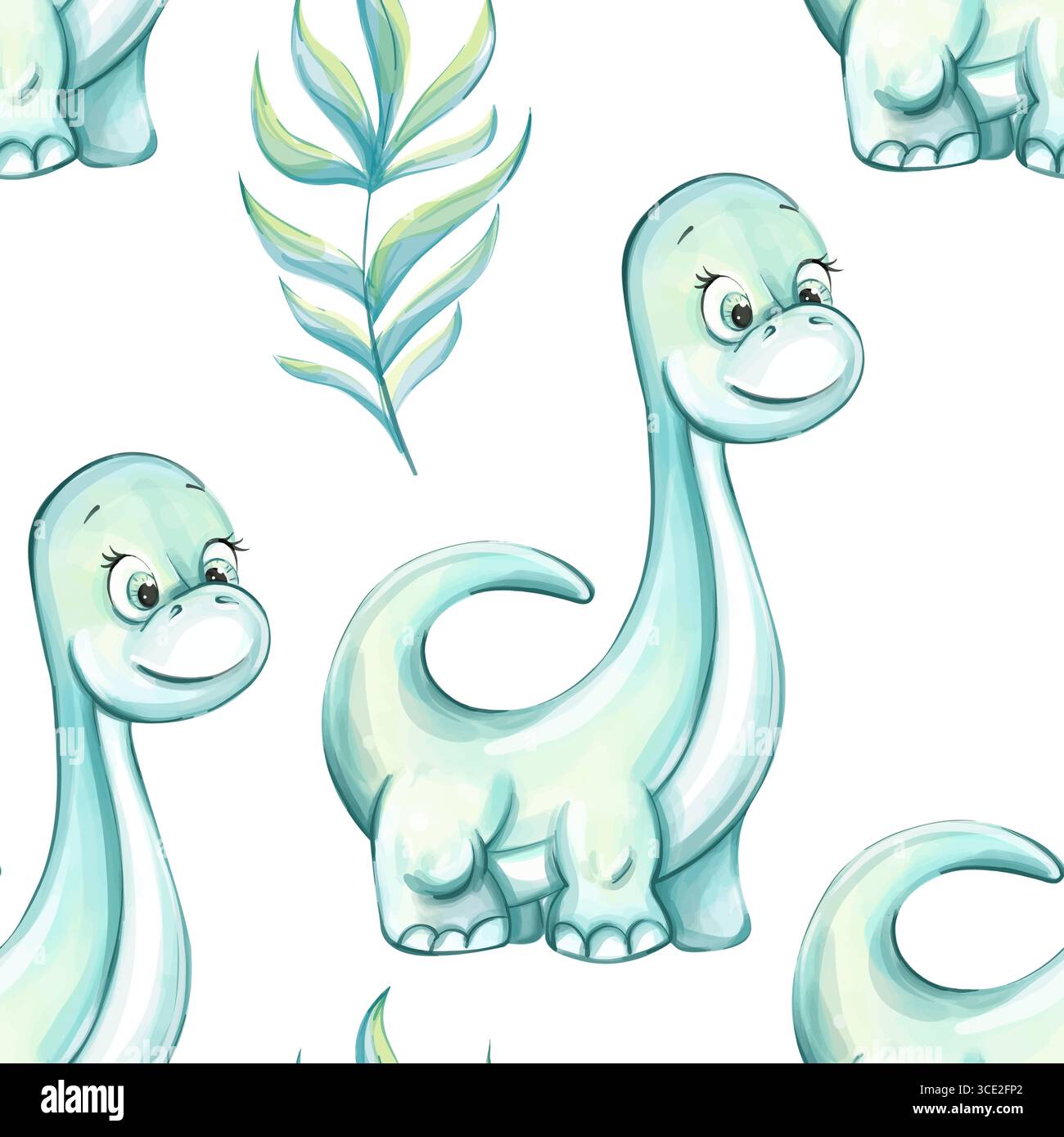 Motif sans couture coloré avec de mignons dinosaures de bande dessinée et des feuilles tropicales idéales pour le papier peint et les conceptions de fond dans les espaces d'enfants ou Illustration de Vecteur