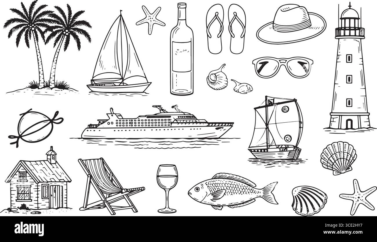 ligne de vacances noir et blanc sur la plage - palmiers, voiliers, coquillages, lunettes de soleil et plus encore Illustration de Vecteur