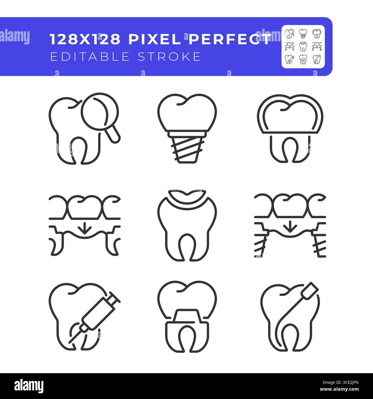 Jeu d'icônes de ligne parfaite pixel de traitement des dents Illustration de Vecteur