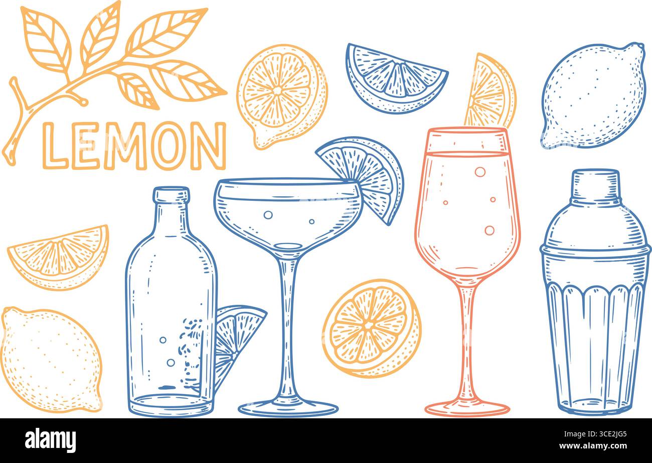 illustrations de type croquis de citrons, tranches de citron et verres assortis en bleu-orange Illustration de Vecteur