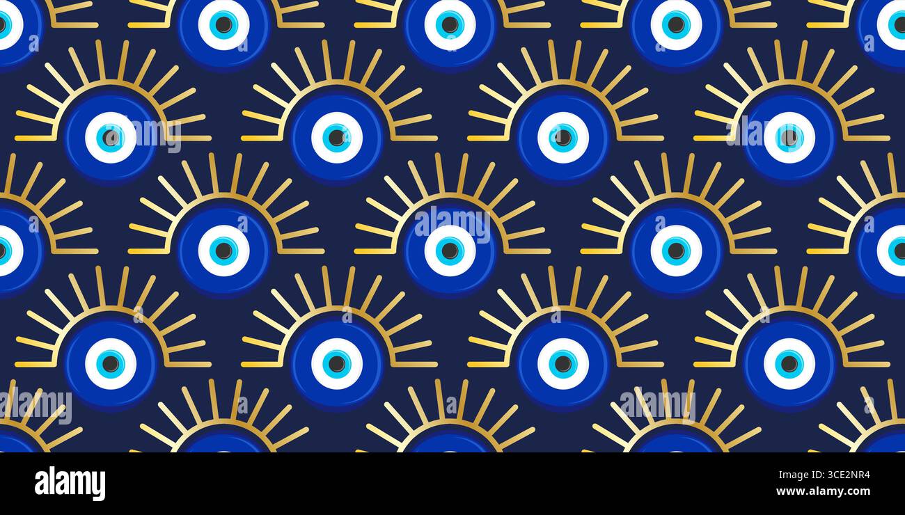 Motif mauvais oeil sans couture. Fond de vecteur turc avec des perles bleues. Amulette grecque mystique est le symbole de la protection et de la chance. Arabe et Illustration de Vecteur