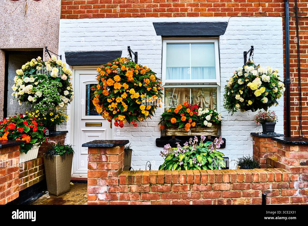 Grands paniers suspendus dans le petit jardin de chalet Banque D'Images