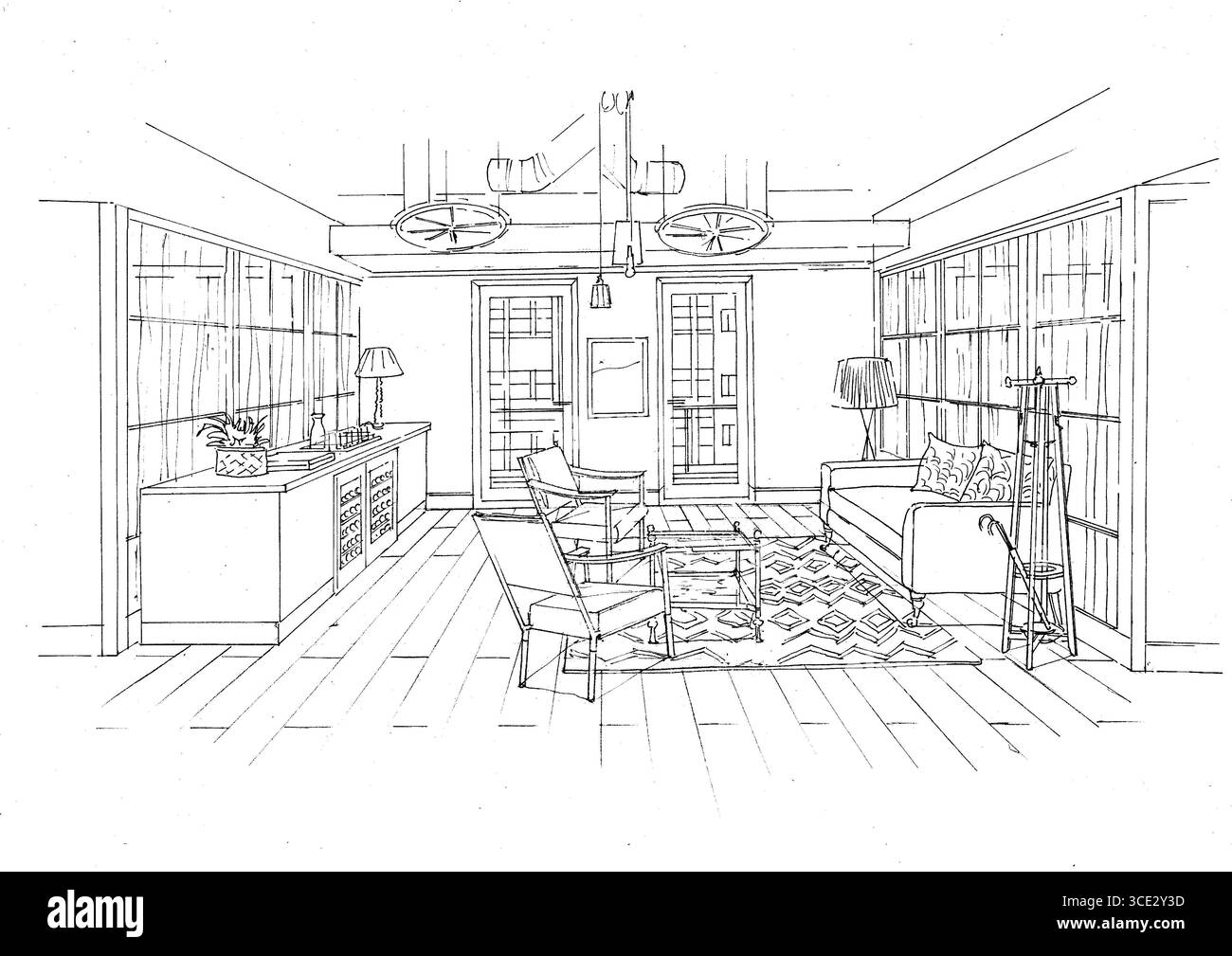 Croquis noir et blanc dessiné à la main d'un bureau de style moderne. Banque D'Images