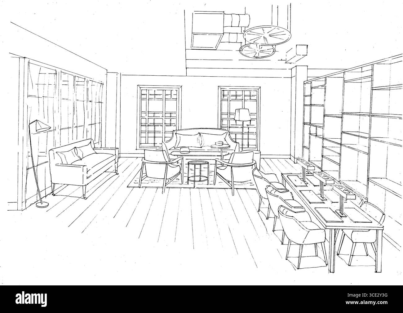 Croquis noir et blanc dessiné à la main d'un bureau de style moderne. Banque D'Images