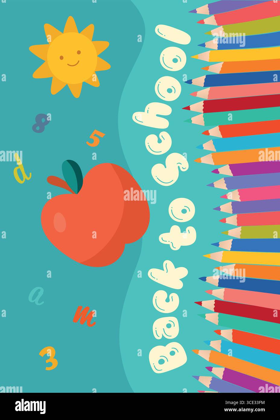 Affiche colorée de retour à l'école avec des crayons soleil et pomme pour une promotion scolaire dynamique Illustration de Vecteur