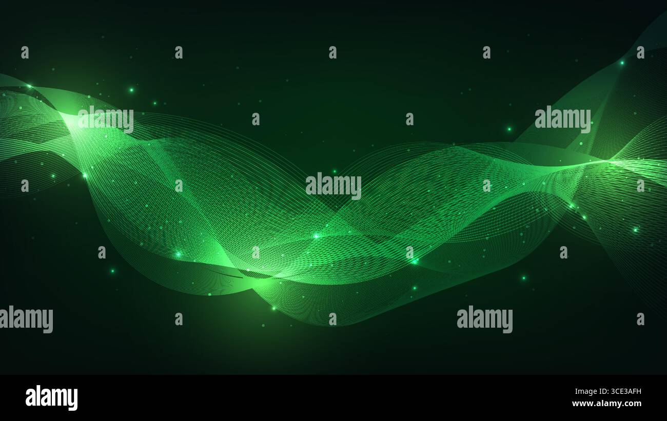 fond vert foncé abstrait avec une vague chatoyante de lignes fluides et de particules de lumière, un design futuriste dynamique évoquant le mouvement, la technologie et m. Illustration de Vecteur