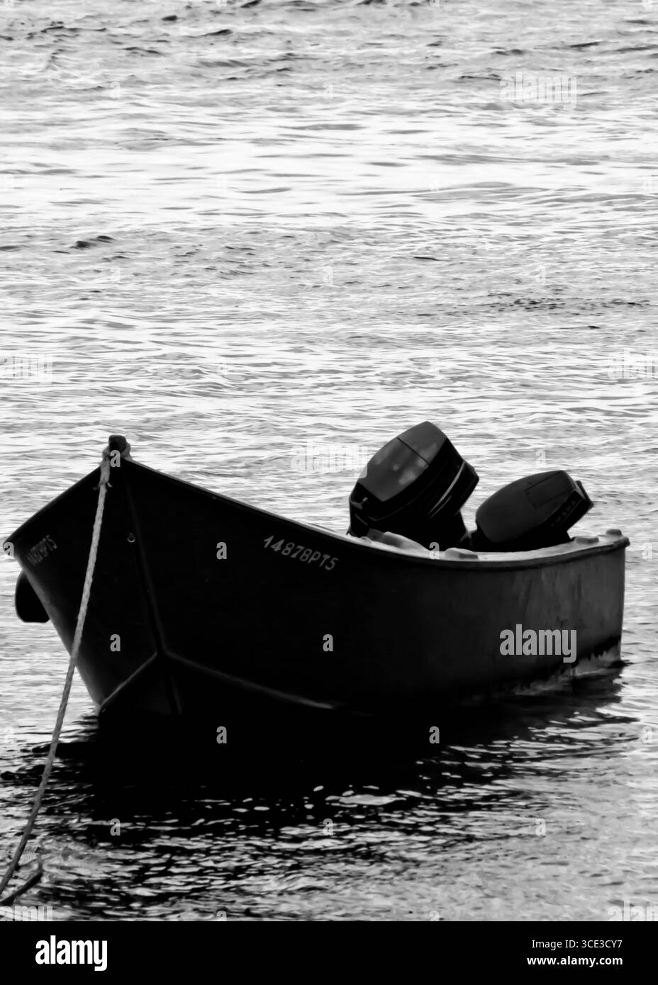Un petit bateau avec un moteur Yamaha flotte sur l'eau. Banque D'Images