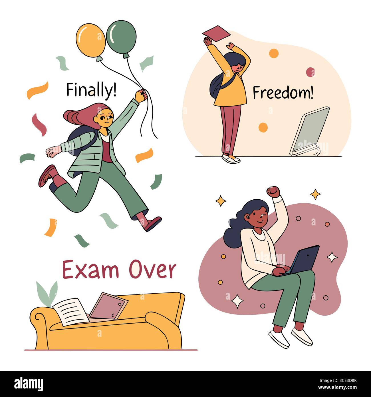 célébration joyeuse de l'illustration vectorielle de liberté avec les étudiants appréciant la réussite de l'examen Illustration de Vecteur