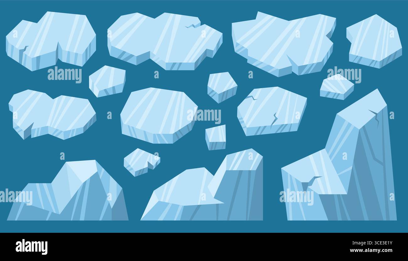 Collection de blocs de glace, fragments et floes dans un style plat. Tons bleus froids, formes épurées et look minimal simple pour l'hiver, le gel et le polaire Illustration de Vecteur