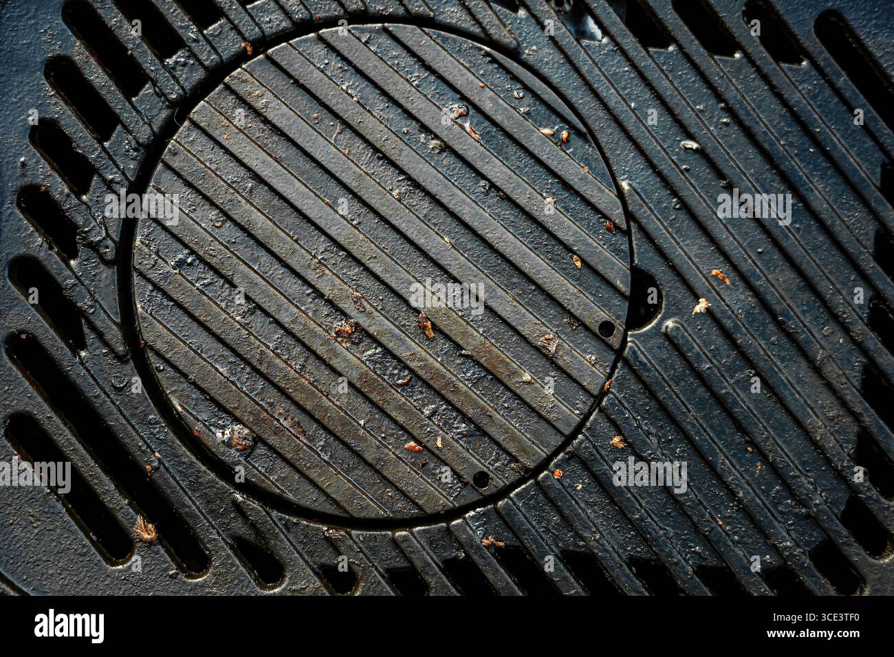 Une grille noire avec un trou au milieu. La grille est sale et contient des particules de nourriture. Banque D'Images