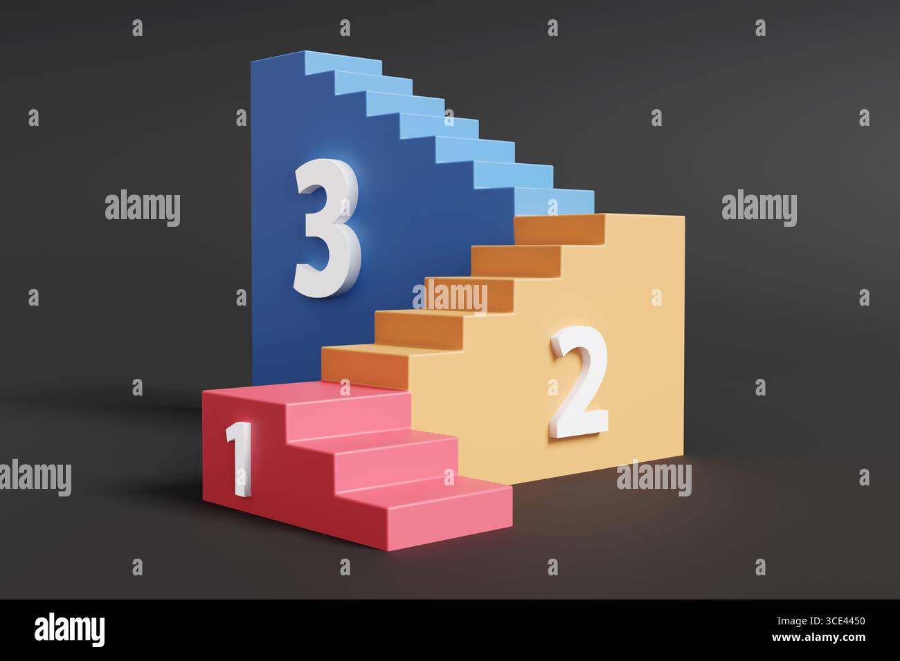 Escaliers colorés reliant trois étages étiquetés avec des chiffres blancs sur fond noir. Échelle de succès et de classement Banque D'Images
