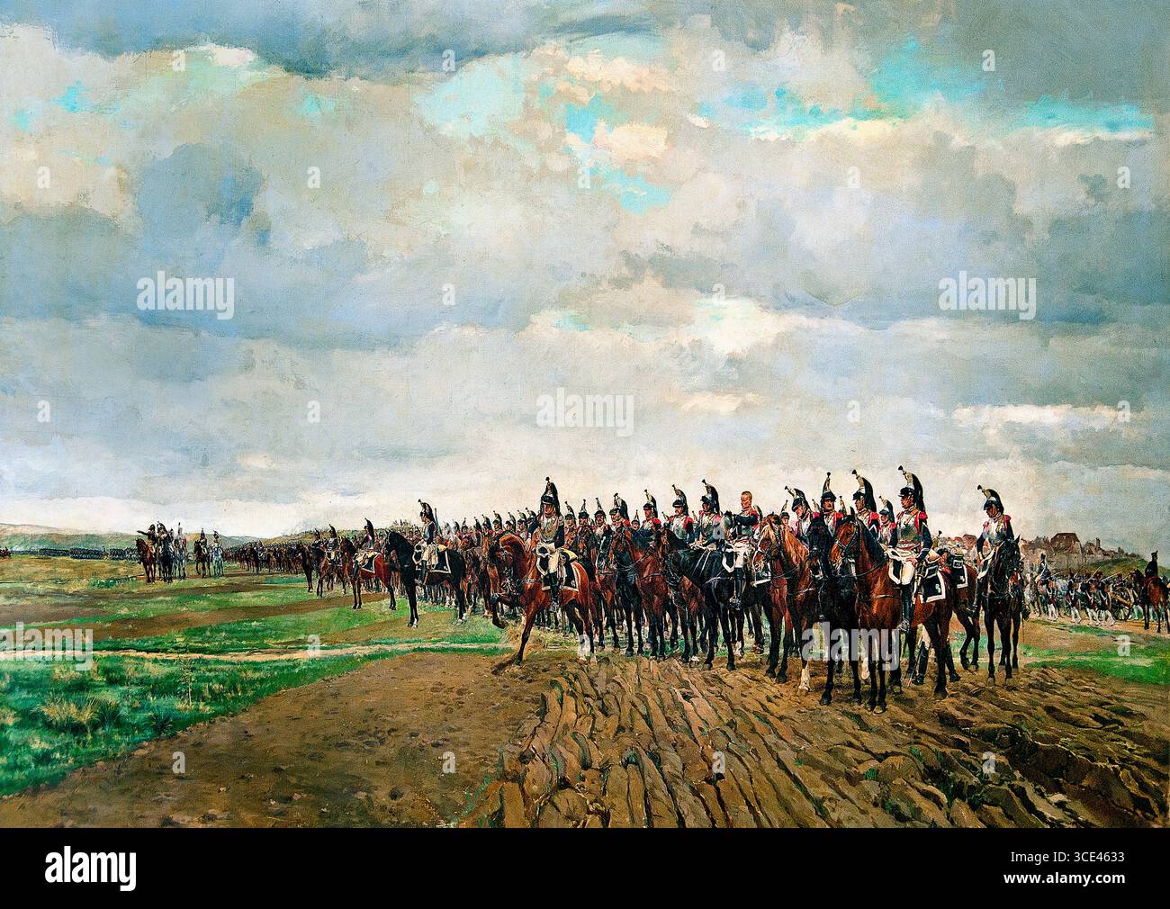 Les Cuirassiers avant leur charge à la bataille d'Austerlitz en 1805 par Meissonier, Jean Louis Ernest 1878 France française (« les Cuirassiers avant leur charge à la bataille d'Austerlitz » est une peinture à l'huile sur toile de Jean-Louis Ernest Meissonier de 1878, représentant des cavaliers lourds français juste avant leur charge lors de la bataille napoléonienne décisive. Le tableau, conservé au Musée Condé à Chantilly, France, la bataille d'Austerlitz, une victoire décisive pour Napoléon Bonaparte, a eu lieu le 2 décembre 1805, et a été l'engagement décisif de la guerre de la troisième Coalition. Napoléon's French a Banque D'Images